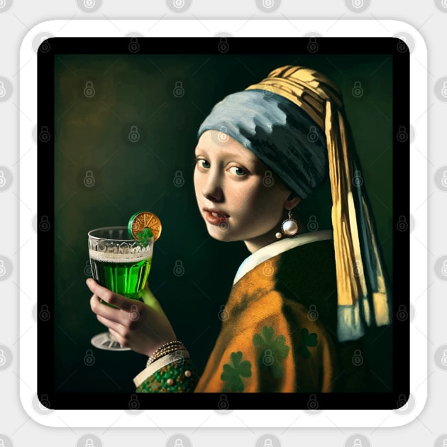 St. Paddy's Pearl: Girl with a Pearl Earring St. Patrick's Day Celebration Sticker by Edd Paint Something